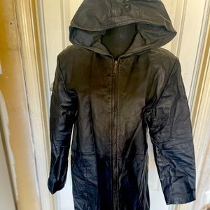 Winter’s Coming; ‘’ Black Hooded 3/4” Length Woman Leather Coat